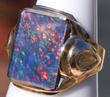 Load image into Gallery viewer, Antique SIGNED ECCO Art Deco LARGE BRIGHT RAINBOW RARE Black Natural Opal 10k Solid Gold Men&#39;s Ring