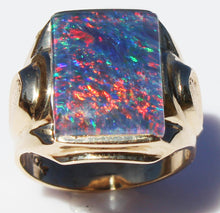 Load image into Gallery viewer, Antique SIGNED ECCO Art Deco LARGE BRIGHT RAINBOW RARE Black Natural Opal 10k Solid Gold Men&#39;s Ring