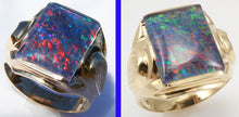 Load image into Gallery viewer, Antique SIGNED ECCO Art Deco LARGE BRIGHT RAINBOW RARE Black Natural Opal 10k Solid Gold Men&#39;s Ring