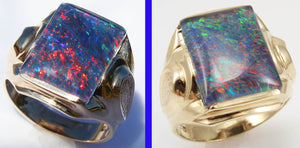 Antique SIGNED ECCO Art Deco LARGE BRIGHT RAINBOW RARE Black Natural Opal 10k Solid Gold Men's Ring