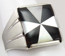 Load image into Gallery viewer, Antique Art Deco Mother of Pearl &amp; Onyx Intarsia Maltese Cross Inlay 10k Solid White Gold Men&#39;s Ring