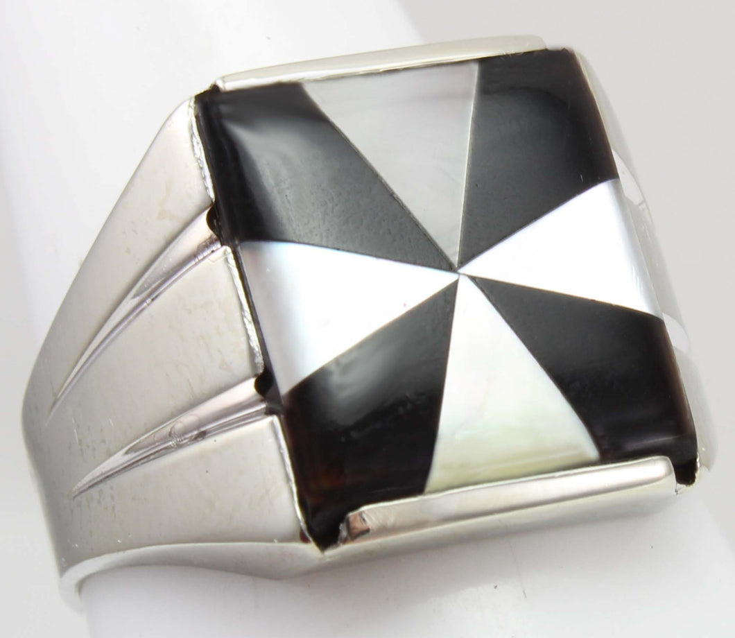 Antique Art Deco Mother of Pearl & Onyx Intarsia Maltese Cross Inlay 10k Solid White Gold Men's Ring