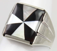 Load image into Gallery viewer, Antique Art Deco Mother of Pearl &amp; Onyx Intarsia Maltese Cross Inlay 10k Solid White Gold Men&#39;s Ring