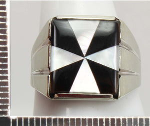 Antique Art Deco Mother of Pearl & Onyx Intarsia Maltese Cross Inlay 10k Solid White Gold Men's Ring