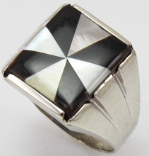 Load image into Gallery viewer, Antique Art Deco Mother of Pearl &amp; Onyx Intarsia Maltese Cross Inlay 10k Solid White Gold Men&#39;s Ring