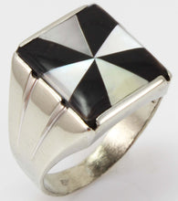 Load image into Gallery viewer, Antique Art Deco Mother of Pearl &amp; Onyx Intarsia Maltese Cross Inlay 10k Solid White Gold Men&#39;s Ring