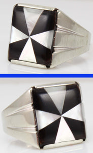 Antique Art Deco Mother of Pearl & Onyx Intarsia Maltese Cross Inlay 10k Solid White Gold Men's Ring