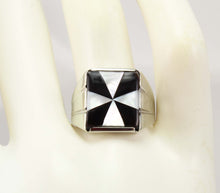 Load image into Gallery viewer, Antique Art Deco Mother of Pearl &amp; Onyx Intarsia Maltese Cross Inlay 10k Solid White Gold Men&#39;s Ring