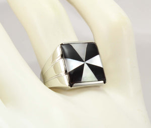 Antique Art Deco Mother of Pearl & Onyx Intarsia Maltese Cross Inlay 10k Solid White Gold Men's Ring