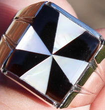 Load image into Gallery viewer, Antique Art Deco Mother of Pearl &amp; Onyx Intarsia Maltese Cross Inlay 10k Solid White Gold Men&#39;s Ring