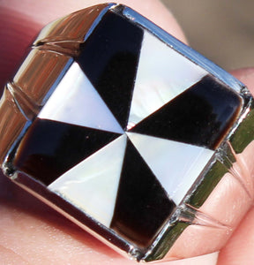 Antique Art Deco Mother of Pearl & Onyx Intarsia Maltese Cross Inlay 10k Solid White Gold Men's Ring