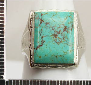 Antique Art Deco RARE Natural #8 Mine Nevada Spiderweb Turquoise 10k Solid White Gold Men's Ring