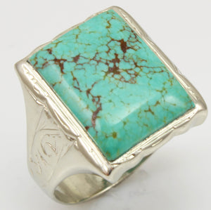 Antique Art Deco RARE Natural #8 Mine Nevada Spiderweb Turquoise 10k Solid White Gold Men's Ring