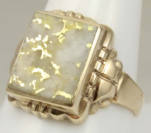 Antique SIGNED GOTHIC Kinsley & Sons Art Deco RARE Natural Gold in Quartz 10k Solid Gold Men's Ring