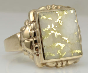 Antique SIGNED GOTHIC Kinsley & Sons Art Deco RARE Natural Gold in Quartz 10k Solid Gold Men's Ring