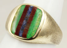 Load image into Gallery viewer, Vintage 1950&#39;s Chryoprase Sodalite Unakite Vesuvianite RARE Intarsia Inlay 10k Solid Gold Men&#39;s Ring