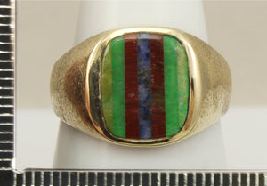 Vintage 1950's Chryoprase Sodalite Unakite Vesuvianite RARE Intarsia Inlay 10k Solid Gold Men's Ring