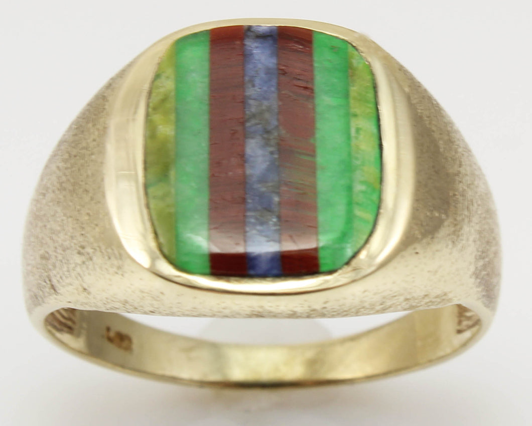 Vintage 1950's Chryoprase Sodalite Unakite Vesuvianite RARE Intarsia Inlay 10k Solid Gold Men's Ring