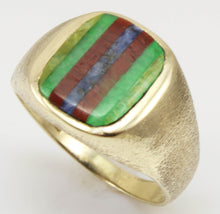 Load image into Gallery viewer, Vintage 1950&#39;s Chryoprase Sodalite Unakite Vesuvianite RARE Intarsia Inlay 10k Solid Gold Men&#39;s Ring