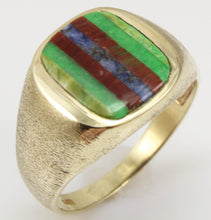 Load image into Gallery viewer, Vintage 1950&#39;s Chryoprase Sodalite Unakite Vesuvianite RARE Intarsia Inlay 10k Solid Gold Men&#39;s Ring