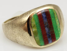 Load image into Gallery viewer, Vintage 1950&#39;s Chryoprase Sodalite Unakite Vesuvianite RARE Intarsia Inlay 10k Solid Gold Men&#39;s Ring