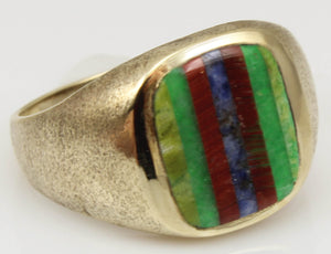 Vintage 1950's Chryoprase Sodalite Unakite Vesuvianite RARE Intarsia Inlay 10k Solid Gold Men's Ring