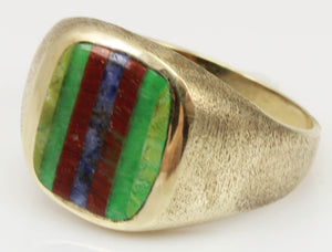 Vintage 1950's Chryoprase Sodalite Unakite Vesuvianite RARE Intarsia Inlay 10k Solid Gold Men's Ring