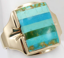 Load image into Gallery viewer, Antique House of Krause Art Deco RARE Natural Turquoise Striped Intarsia 10k Solid Gold Men&#39;s Ring