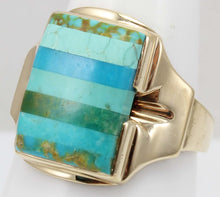 Load image into Gallery viewer, Antique House of Krause Art Deco RARE Natural Turquoise Striped Intarsia 10k Solid Gold Men&#39;s Ring