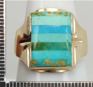 Antique House of Krause Art Deco RARE Natural Turquoise Striped Intarsia 10k Solid Gold Men's Ring