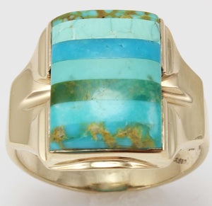 Antique House of Krause Art Deco RARE Natural Turquoise Striped Intarsia 10k Solid Gold Men's Ring