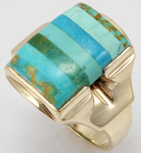 Load image into Gallery viewer, Antique House of Krause Art Deco RARE Natural Turquoise Striped Intarsia 10k Solid Gold Men&#39;s Ring