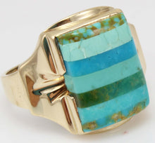 Load image into Gallery viewer, Antique House of Krause Art Deco RARE Natural Turquoise Striped Intarsia 10k Solid Gold Men&#39;s Ring