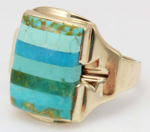 Antique House of Krause Art Deco RARE Natural Turquoise Striped Intarsia 10k Solid Gold Men's Ring