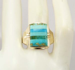 Antique House of Krause Art Deco RARE Natural Turquoise Striped Intarsia 10k Solid Gold Men's Ring