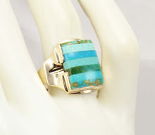 Load image into Gallery viewer, Antique House of Krause Art Deco RARE Natural Turquoise Striped Intarsia 10k Solid Gold Men&#39;s Ring