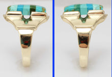 Load image into Gallery viewer, Antique House of Krause Art Deco RARE Natural Turquoise Striped Intarsia 10k Solid Gold Men&#39;s Ring