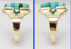 Antique House of Krause Art Deco RARE Natural Turquoise Striped Intarsia 10k Solid Gold Men's Ring