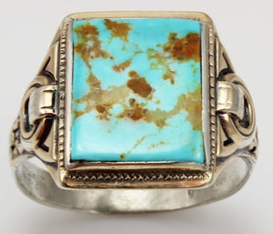 Antique Natural RARE COLLAPSED ORANGE MATRIX Kingman Mine Turquoise Silver & 10k Gold Men's Ring