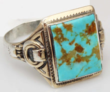 Load image into Gallery viewer, Antique Natural RARE COLLAPSED ORANGE MATRIX Kingman Mine Turquoise Silver &amp; 10k Gold Men&#39;s Ring