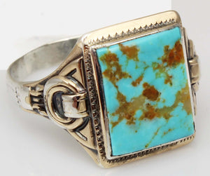 Antique Natural RARE COLLAPSED ORANGE MATRIX Kingman Mine Turquoise Silver & 10k Gold Men's Ring