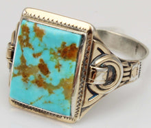 Load image into Gallery viewer, Antique Natural RARE COLLAPSED ORANGE MATRIX Kingman Mine Turquoise Silver &amp; 10k Gold Men&#39;s Ring