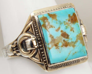 Antique Natural RARE COLLAPSED ORANGE MATRIX Kingman Mine Turquoise Silver & 10k Gold Men's Ring