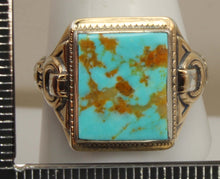 Load image into Gallery viewer, Antique Natural RARE COLLAPSED ORANGE MATRIX Kingman Mine Turquoise Silver &amp; 10k Gold Men&#39;s Ring