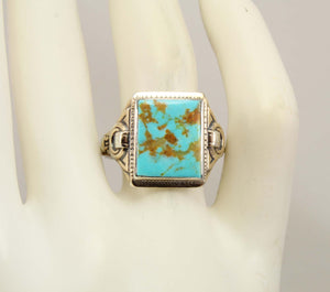 Antique Natural RARE COLLAPSED ORANGE MATRIX Kingman Mine Turquoise Silver & 10k Gold Men's Ring