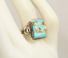 Load image into Gallery viewer, Antique Natural RARE COLLAPSED ORANGE MATRIX Kingman Mine Turquoise Silver &amp; 10k Gold Men&#39;s Ring