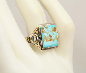 Antique Natural RARE COLLAPSED ORANGE MATRIX Kingman Mine Turquoise Silver & 10k Gold Men's Ring