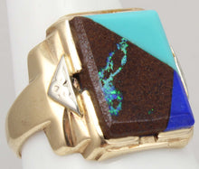 Load image into Gallery viewer, Antique 1920&#39;s Art Deco Natural Opal Turquoise Lapis Lazuli Intarsia Inlay 10k Solid Gold Men&#39;s Ring