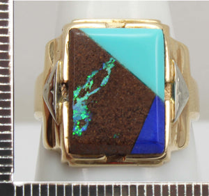 Antique 1920's Art Deco Natural Opal Turquoise Lapis Lazuli Intarsia Inlay 10k Solid Gold Men's Ring