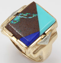 Load image into Gallery viewer, Antique 1920&#39;s Art Deco Natural Opal Turquoise Lapis Lazuli Intarsia Inlay 10k Solid Gold Men&#39;s Ring